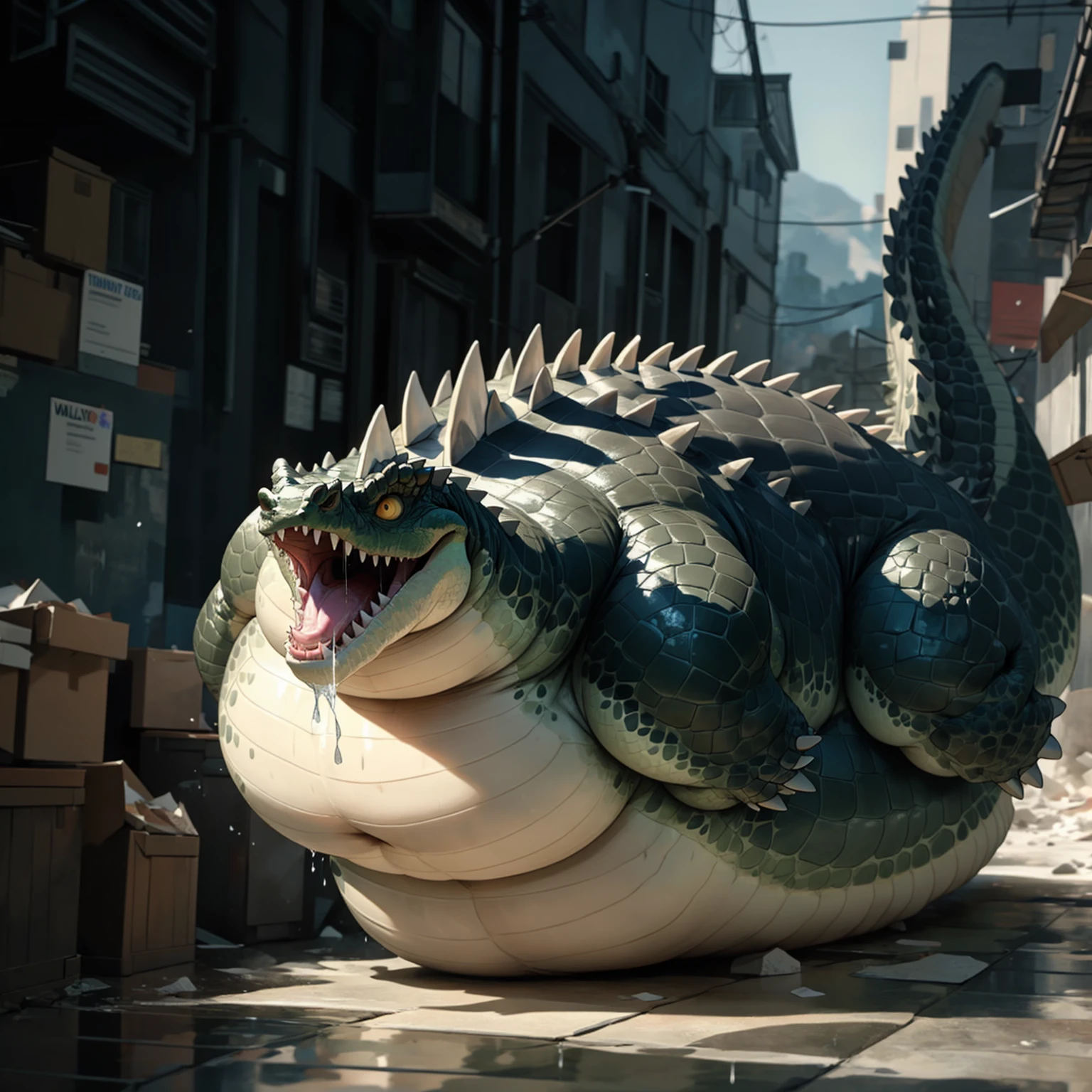 Very obese grey crocodile、Crocodile facing backwards、Spitting out of the mouth、Spit、Grey Scales、Buttocks up、Backward composition、Wild ferocious crocodile、Spiky scales all over the body、A glittering silver mane、Very short legs、Screaming facial expression、Roaring crocodile face、Backward body、Reptile Eyes、Longitudinal pupils、A body covered with a lot of fat、Abnormally obese head、A lot of fat on the neck、A belly so obese it covers the ground、Fat gap、Abdomen swollen enough to touch the ground、A huge, mountain-like swollen abdomen、Abnormally fat arms、Overweight and flabby legs、A body that seems to be crushed by a huge abdomen、A body that fills the screen、Rubble background、Wet scales all over the body、Soaking wet