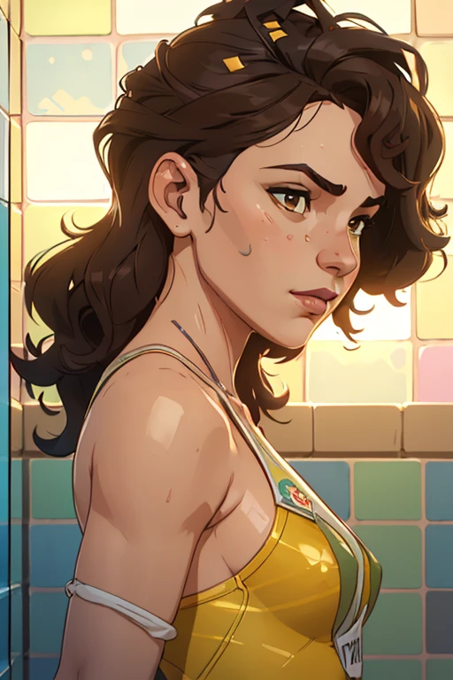 Solo, jewish girl, cascina caradonna, 1girl, (very curly open wild dark brown hair), wide seductive lips, smirking, skin, larger nose, high detailed face, 4k , camletoe, (small breasts, straight waist,wide hip, slightly chubby body,inflated legs,thick thighs,(detailed face)), 4k, look at camera, highly detailed face, ((showering in brightly lit yellow tiled bathroom)), (((one-piece swimsuit))), ((((((head portrait)), perspective from side))))