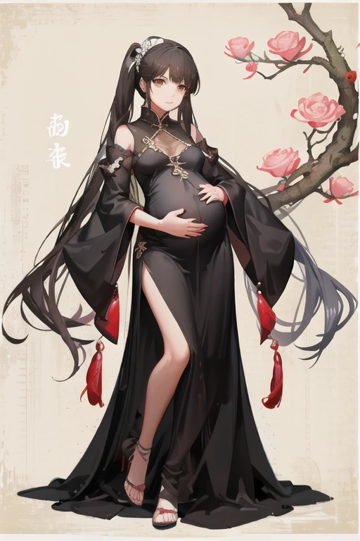 girl,full body,(detailed face:1.2), masterpiece, fashion,chinese dress,, medium hair, black hair, twintails, blunt bangs, brown eyes, (((pregnant woman)))