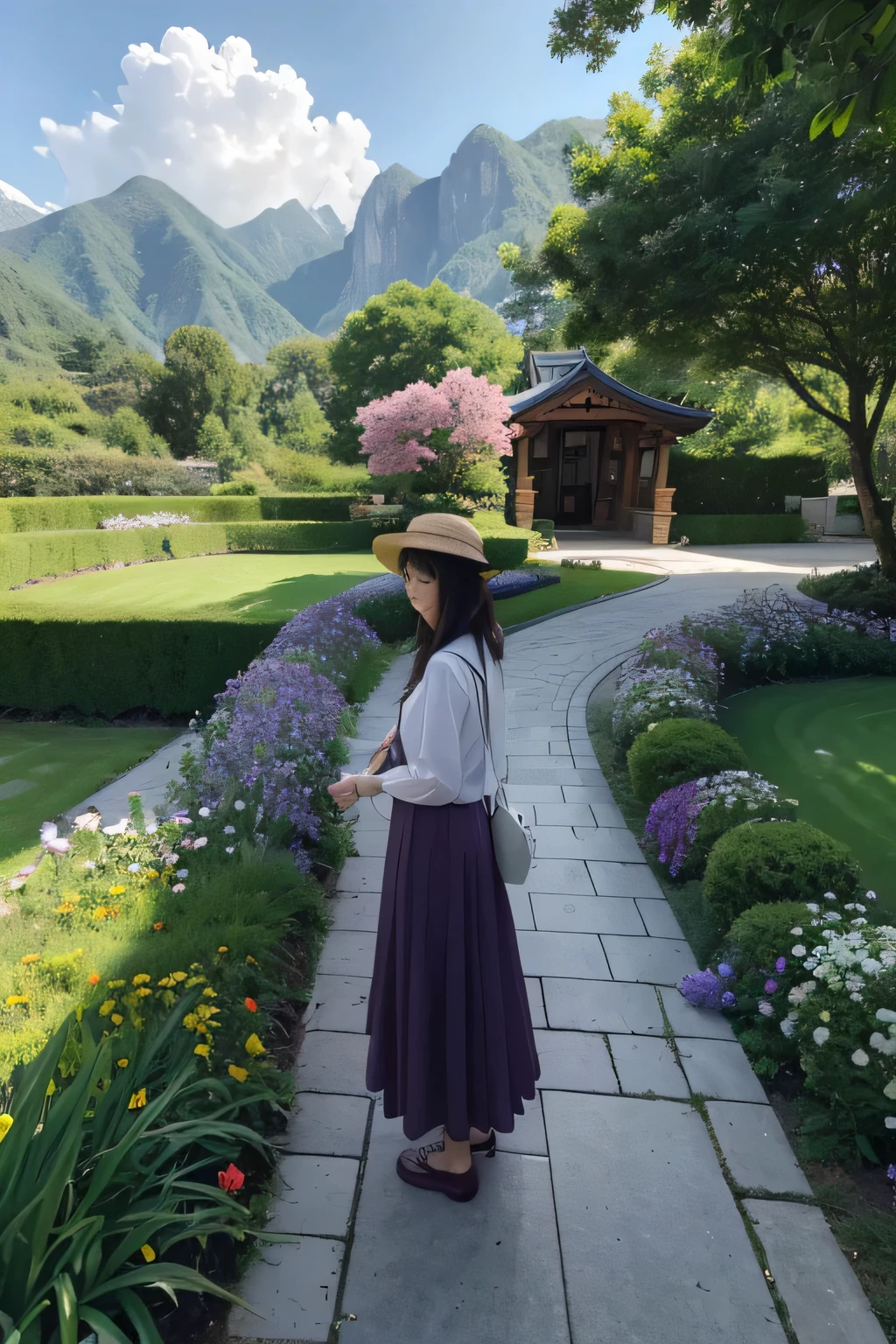 (Ultra-high resolution,Reality,best quality,Photo-realistic),(8k,Original photo,best quality,masterpiece),(Photon Mapping,Radiosity,Physically Based Rendering,Automatic white balance),Real People,photo,bridge, architecture, bushing, City, cloud, sky, Door, Fence, site,Hour, flower garden, Grass, house, Hydrangea, Mountain, nature, No_Humanity, outDoors, small road, plant, Potted plants_plant, purple_flower, road, landscape, Sky, Skyscraper, traditional_media, Tree,