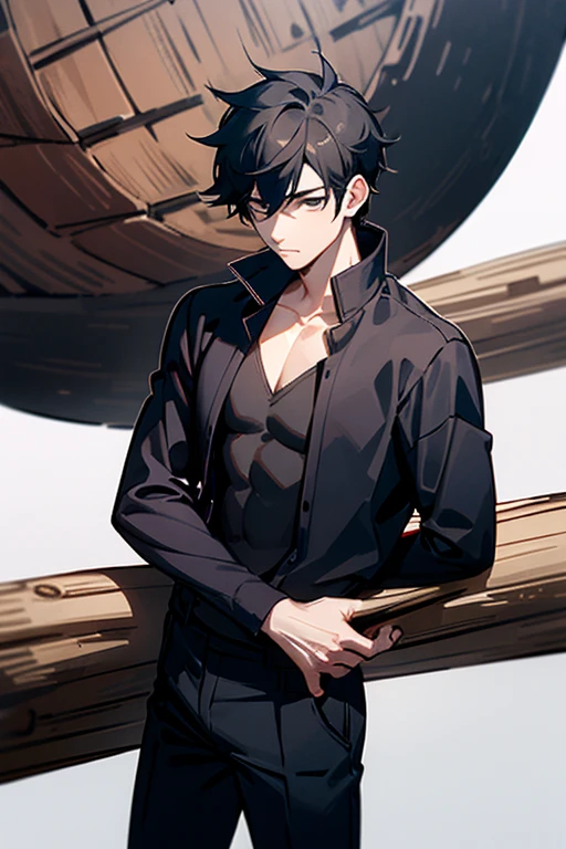 ((masterpiece)), seal, log stay, pure, male, Solitary, black clothes, , Black top,