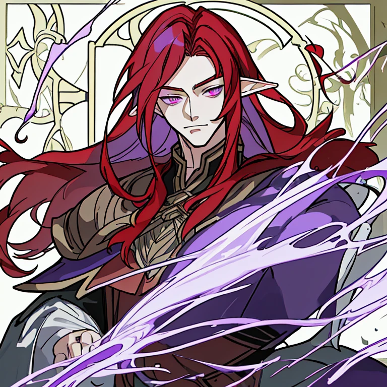 Half elf, a man. With long red hair,purple eyes and pretty face yet handsome.