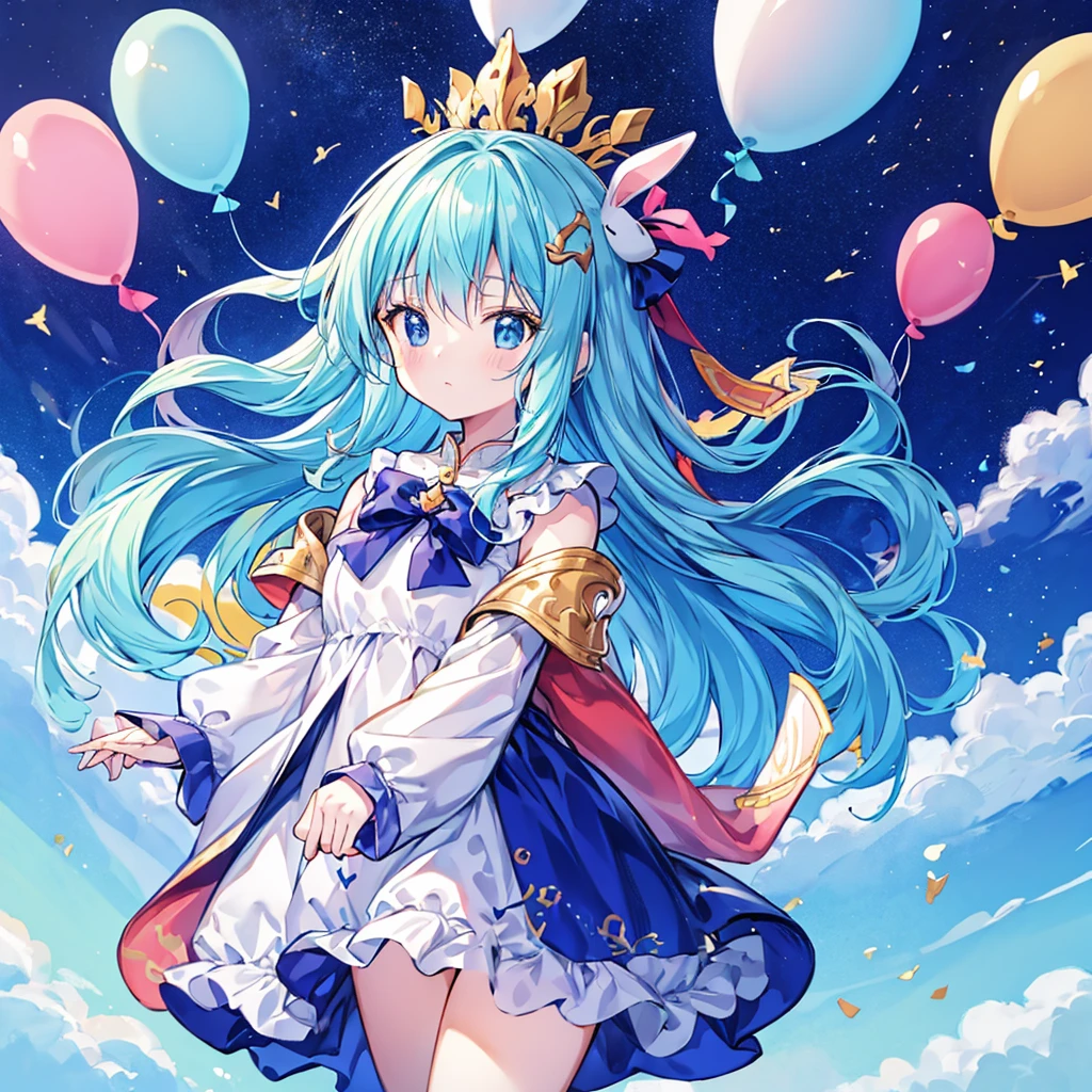 highest quality、Masterpiece、Official Art、16K、Super detailed、super beautiful、Ultra-fine、Little、cute、Flying in the blue sky with lots of balloons、Rabbit Kigurumi、A soft and gentle world in pastel colors、Anime