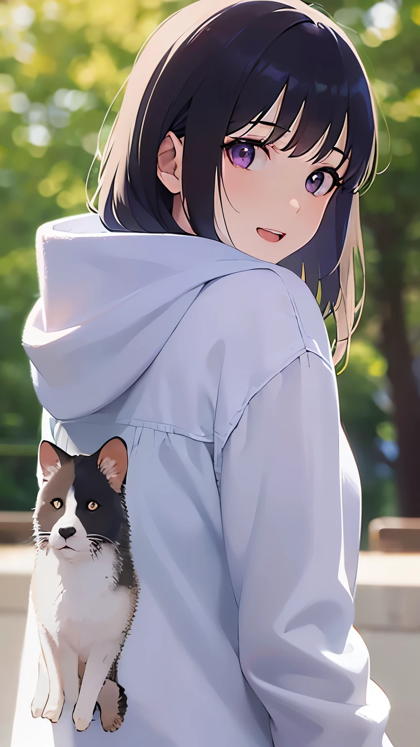look back, Upper Body, Realistic, real person, (pale skin: 1.2), RAW photo, photorealistic, portrait photography, shiny skin, shiny hair、(A 25-year-old woman with straight hair and bangs) and (medium hair) and (black hair) and (purple eyes) , (white) and (hoodie)、smile, open mouth, The background is a zoo、Alone、Are standing