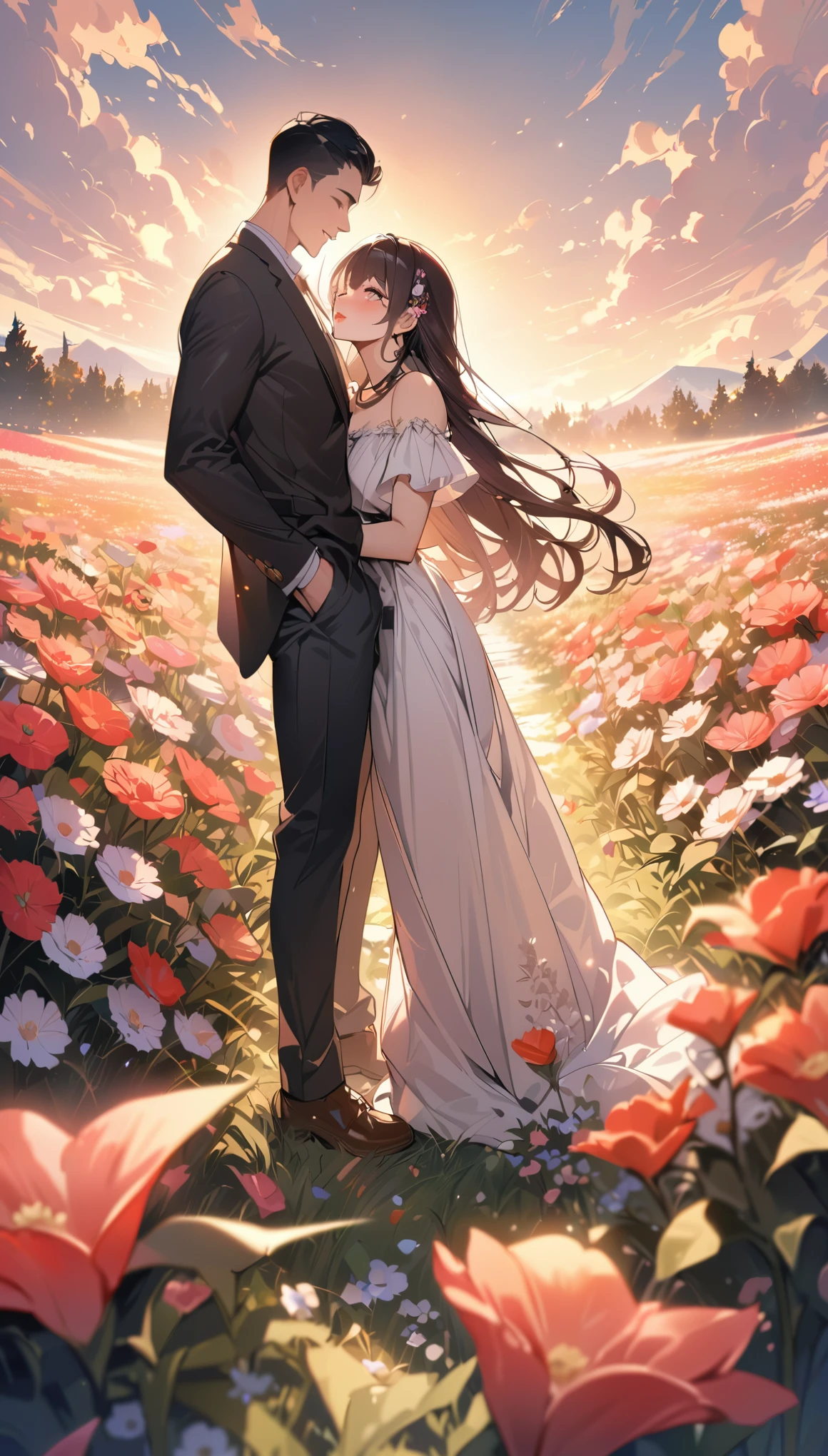 (best quality, 8K),man and girl in full height, romantic setting, love, happiness, modern clothes, field of flowers,highly detailed image, detailed eyes, detailed lips, masterpiece, epic quality, high field detail.