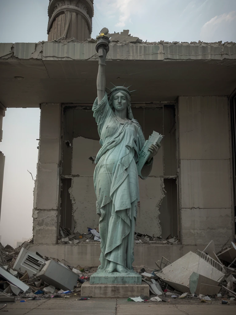 (Highest quality:1.3), cinematic shot, masterpiece, (sharp focus:1.5), (photorealistic:1.3), medium portrait of ruins of Liberty Statue, broken pieces of the statue, dusty statue, typical color of lady-liberty, torn USA flag on the ground, Against the backdrop of a desolate post-apocalypse, Ruined New York, Ruins of the Liberty Statue (lady-liberty), the wind, dust, Destroyed buildings, burnt cars, Oppressive atmosphere, Dirty skies, photo realism, Sharp focus, garbage heaps, Wreckage of buildings, Fallout, Photo 3/4, Dust on lady-liberty, Oppressive atmosphere, (YES SFW)