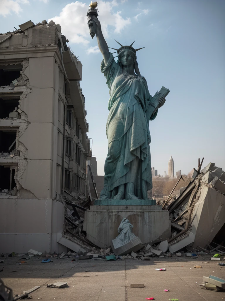 (Highest quality:1.3), cinematic shot, masterpiece, (sharp focus:1.5), (photorealistic:1.3), medium portrait of ruins of Liberty Statue, broken pieces of the statue, dusty statue, typical color of lady-liberty, torn USA flag on the ground, Against the backdrop of a desolate post-apocalypse, Ruined New York, Ruins of the Liberty Statue (lady-liberty), the wind, dust, Destroyed buildings, burnt cars, Oppressive atmosphere, Dirty skies, photo realism, Sharp focus, garbage heaps, Wreckage of buildings, Fallout, Photo 3/4, Dust on lady-liberty, Oppressive atmosphere, (YES SFW)