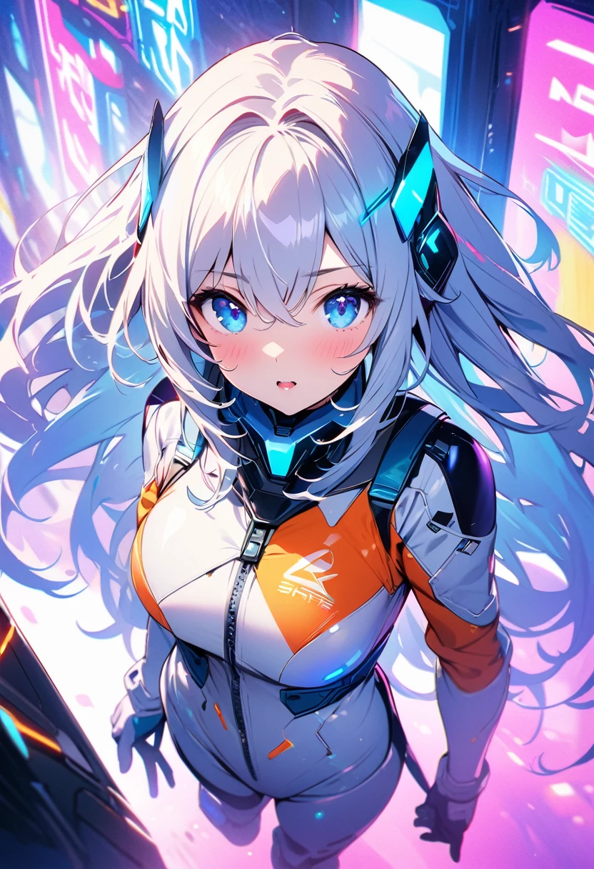 High quality, high definition images, full HD、
8k.1 girl( white long hair),Futuristic fighter pilot,blue and white pilot suit,blue eyes,Colorful neon lights on the suit,
