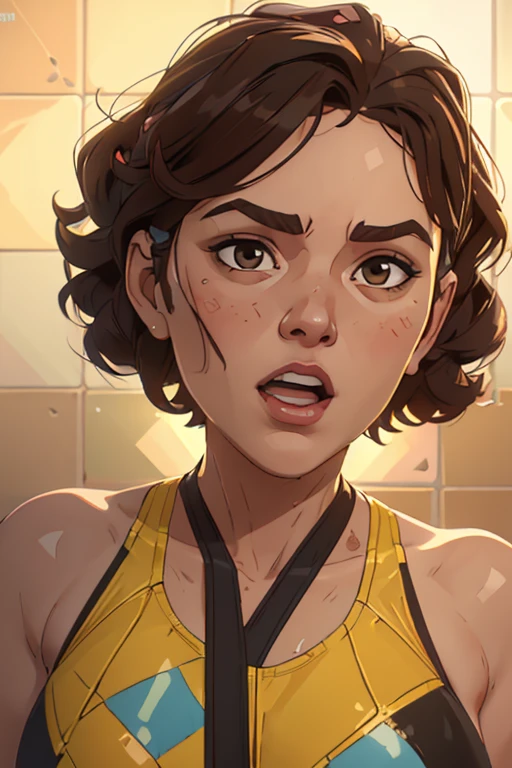 Solo, jewish girl, cascina caradonna, 1girl, (very curly open wild dark brown hair), wide seductive lips, smirking, skin, larger nose, high detailed face, 4k , camletoe, (small breasts, straight waist,wide hip, slightly chubby body,inflated legs,thick thighs,(detailed face)), 4k, look at camera, highly detailed face, ((showering in brightly lit yellow tiled bathroom)), (((one-piece swimsuit))),  ((((((head portrait)), extremly exaggerated open mouth)))) 