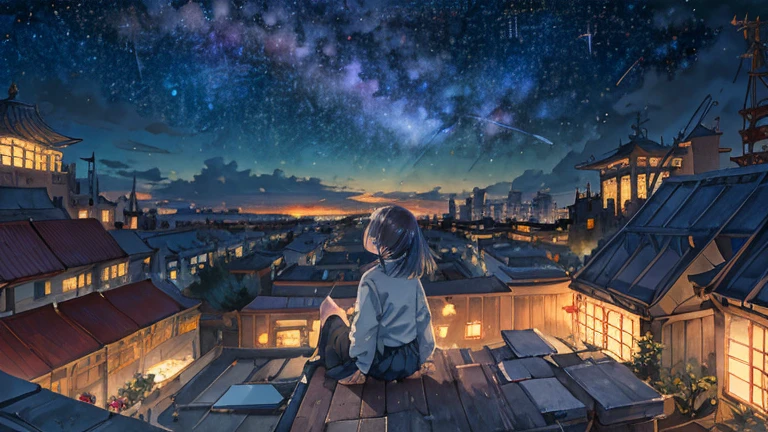 highest quality, masterpiece, Very detailed, Detailed Background, anime, One girl, Young girl, Short girl, Science fiction, SF, Outdoor, night, Starry Sky, greenhouse, huge structure, Biodome, Wind景, scenery, horizon, rooftop, sitting on rooftop, Wind, avert your eyes, Atmospheric lighting, Focus Only, close, From the side, Depth of written boundary, Bokeh