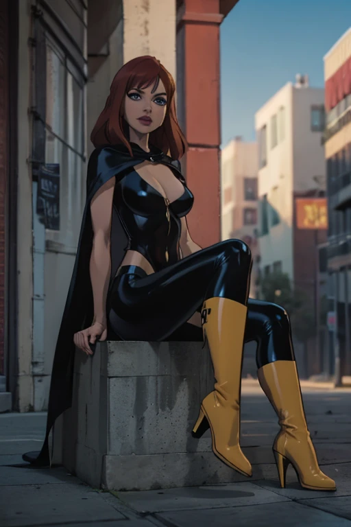 Slim young woman, full body, low legs, Legacy apartment, T-shirt, cleavage, navel showing, crotch showing, (wrinkles on leggins remarking the shape), crystal blue eyes, red hair , daylight, ((black spandex)) , yellow leather cloak,black latex costume and yellow boots high heels