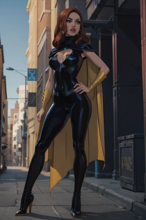 Slim young woman, full body, low legs, Legacy apartment, T-shirt, cleavage, navel showing, crotch showing, (wrinkles on leggins remarking the shape), crystal blue eyes, red hair , daylight, ((black spandex)) , yellow leather cloak,black latex costume and yellow boots high heels