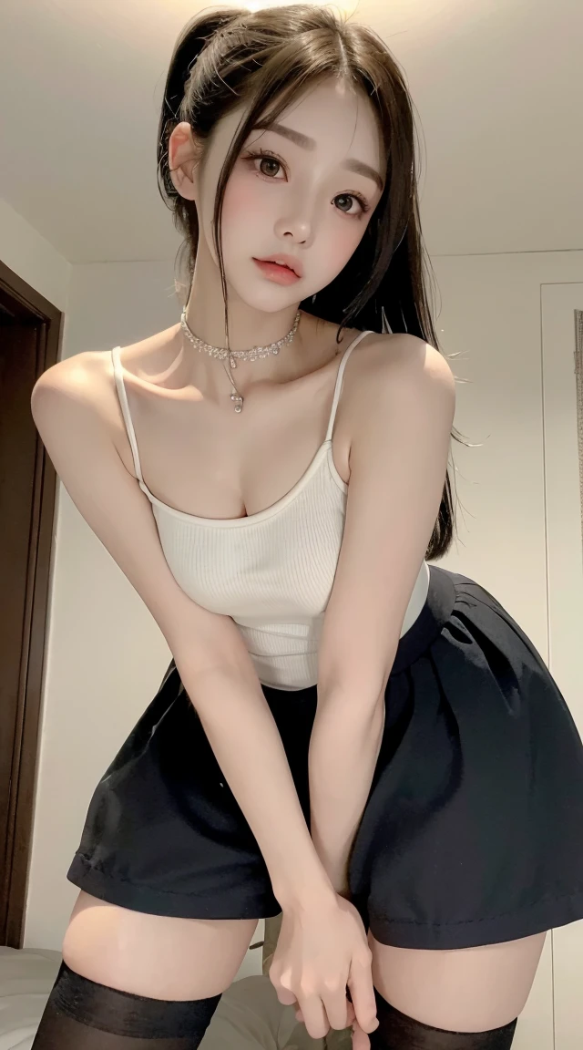 Mix 4, (8k, RAW Photos, Best image quality, masterpiece: 1.45), (Genuine, photoGenuineistic、photoGenuineistic:1.37、1080.1), 一人のgirl、cute、darkness、Wet、Professional Lighting、Photon Mapping、Physically Based Rendering、Gradient black hair、Long Curly Hair、good looking、girl、 Highest quality photos, High resolution, 47p, (cute face), (Detailed facial depiction)、(Detailed Hand Explanation), (masterpiece), (Detailed CG), Extreme light and shadow, masterpiece, Rich details, (Detailed facial features), (Best image qualityの紴), (masterpiece), (Beautiful Eyes), Looking at the camera, Thin clavicle, (Condescending look)、, Highly detailed face, Lip details, Beautiful Eyes, double eyelid ,5 years old 、korean little girl:1.8、No makeup、Full body image、ponytail、Genuineの人間、(Standing in a cute room)、Tight pink tank top、Black shorts、(Duck mouth)、Black knee-high socks:1.5、(from below:1.5)