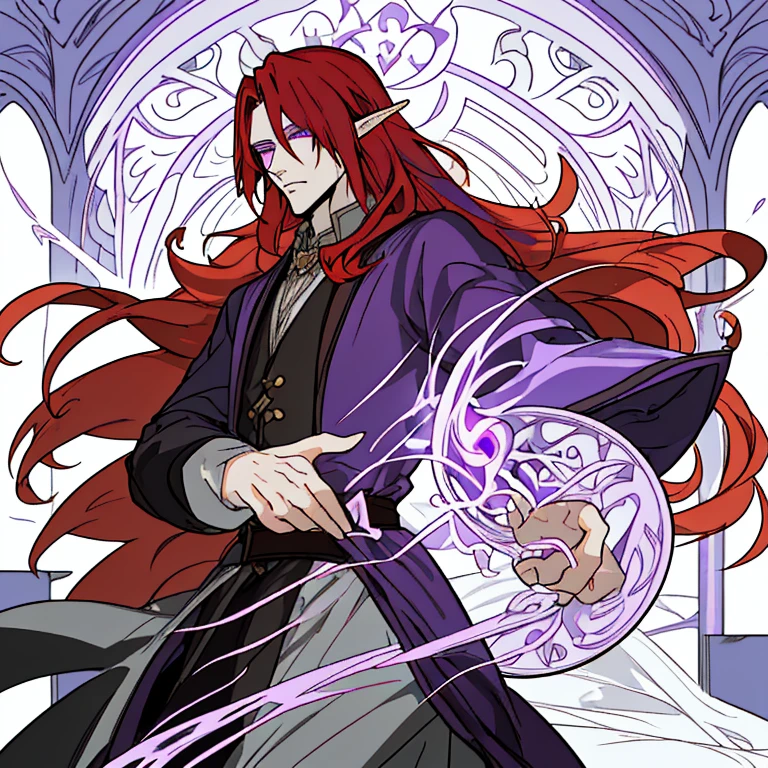 Half elf, a man. With long red hair,purple eyes and pretty face yet handsome. A magician. He was lonely.