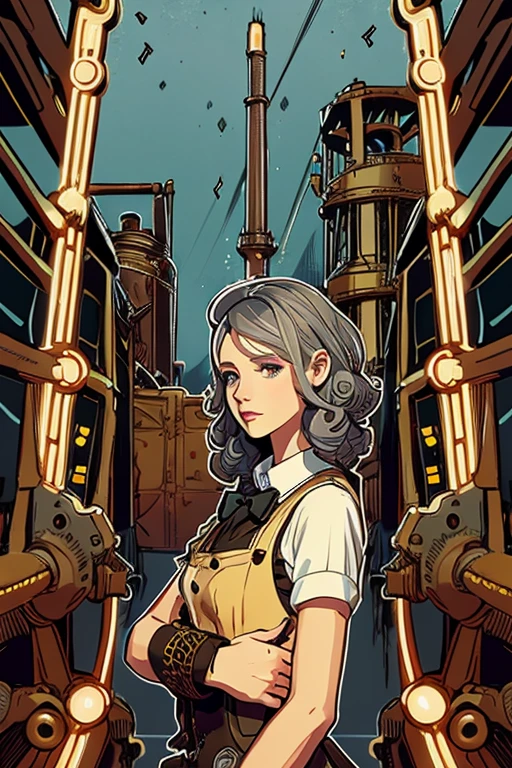 2D illustration of a Russian girl in her early 20s with curly ash-gray hair wearing steampunk gear, set in a futuristic industrial area
