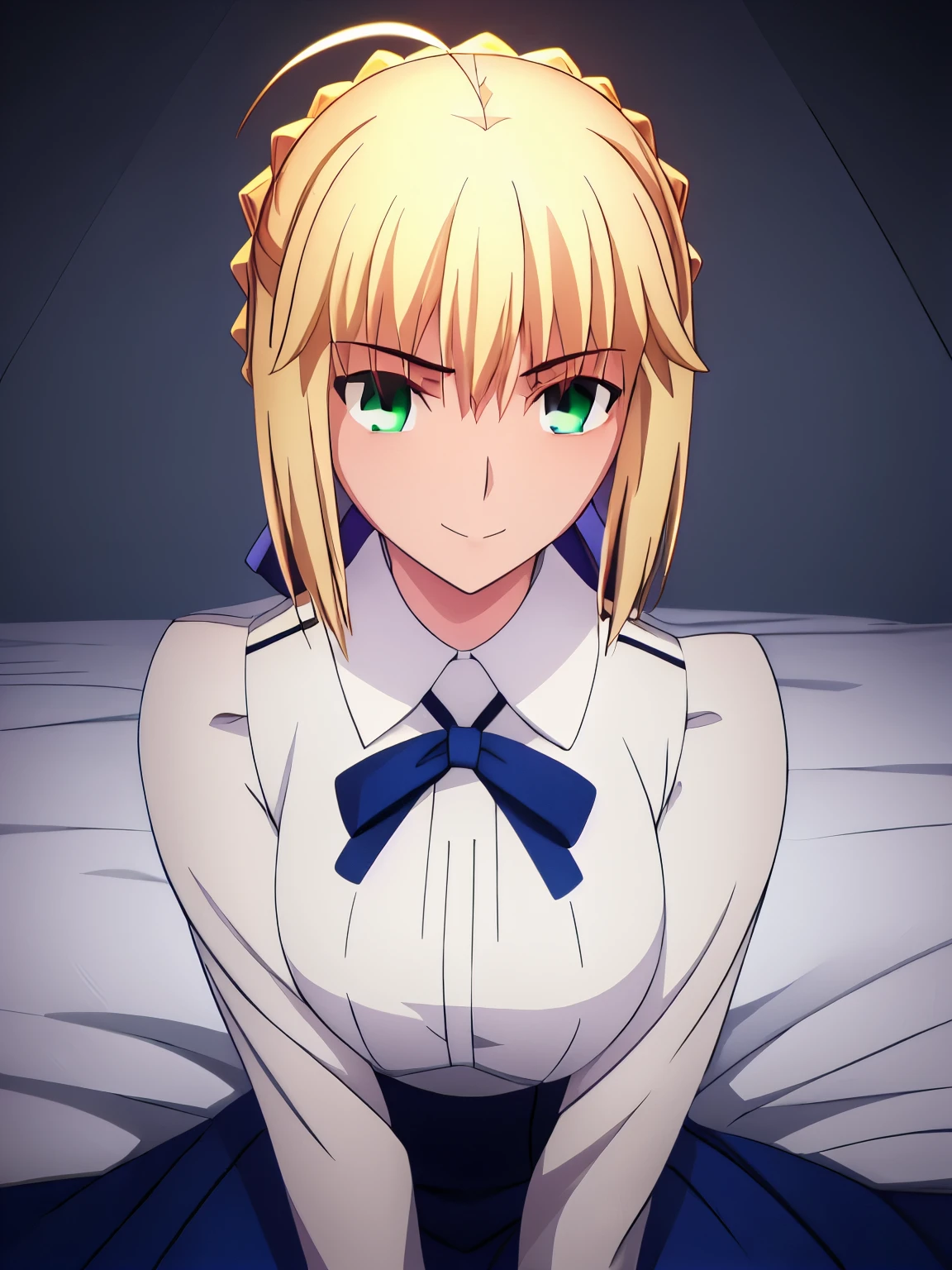 best quality, masterpiece, highres, detailed, ray_tracing_graphic, solo, adult_female, {saber_fatestaynightufotable:1.15}, blonde_hair, little_ahoge, detailed_green_eyes, blue_ribbon, 1girl, anime_coloring, upper_body, kuudere_face, little_smile, five_fingers, blush, large_breasts, shirt, blue_skirt, from_the_front, sit, bed, dark_room, night_time, looking_at_viewer, oily_skin, detailed_skin, detailed_face