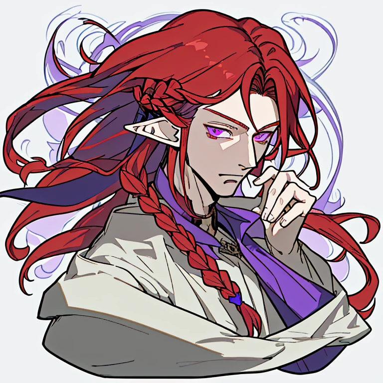 Half elf, a man. With long red hair,purple eyes and pretty face yet handsome. A magician. He was lonely. More detailed,he braided his hair and had an earings at one of his ear.