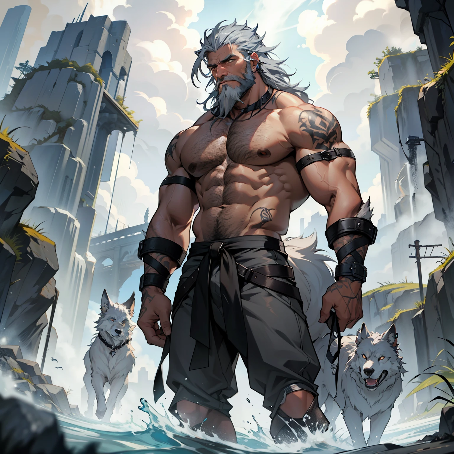 Fenrir in human form, I have very long grey hair, short grey beard and piercing blue. My skin is tanned and considered rough. My appearance could be described as rugged. 