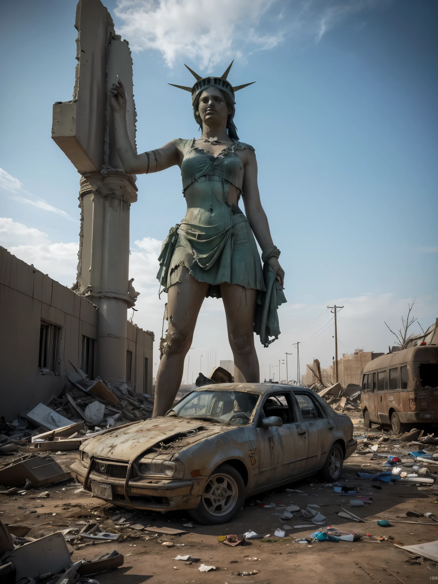 (Highest quality:1.3), cinematic shot, masterpiece, (sharp focus:1.5), (photorealistic:1.3), medium portrait of ruins of Liberty Statue, broken pieces of th estatue, dusty statue, typical color of lady-liberty, torn USA flag, Against the backdrop of a desolate post-apocalypse, Ruined New York, Ruins of the Liberty Statue (lady-liberty), the wind, dust, Destroyed buildings, Skeletons of burnt cars, Oppressive atmosphere, Dirty skies, photo realism, Sharp focus, Human bones and skulls are scattered everywhere, garbage heaps,Wreckage of buildings, Fallout, Photo 3/4, Realistic Facial Skin, Dust on clothes, Oppressive atmosphere,