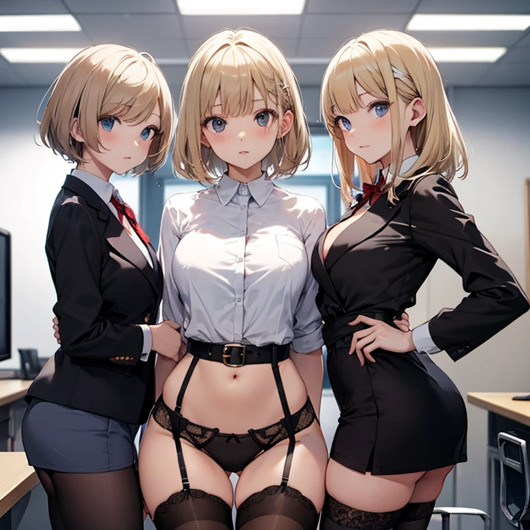 Short haircut、Blonde、tits、office lady、garter belt、Open your legs while crouching、Perfect body