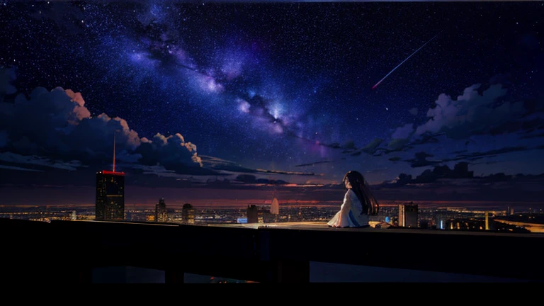 Octane, null, star (null), scenery, starry null, night, One girl, night null, alone, Outdoor, building, cloud, milky way, Sitting, wood, Long Hair, city, silhouette, cityscape