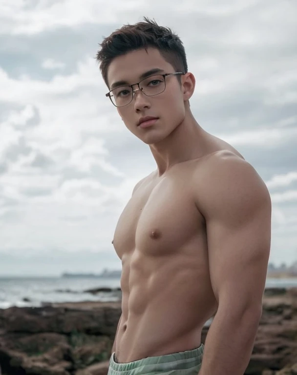 Attractive guy , the boy has very short brown hair, emerald eyes, on a black background - galaxy , stars . The Magic Look ! naked torso, large puffy nipples, gold chain with emerald around the neck.  top quality portrait photo !