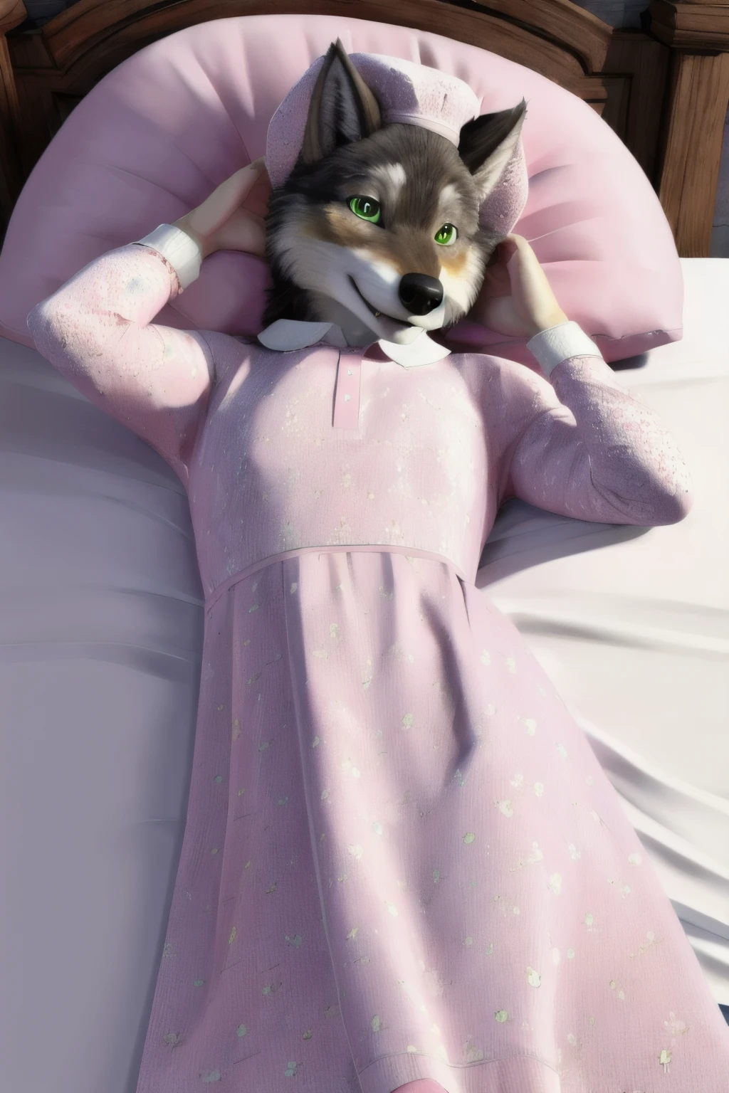 (best quality, high quality:1.6), male anthro wolf, detailed green eyes, brown fur, countershading, Pink and white floral patterned headwear, Pink and white floral patterned clothing, nightgown, long sleeves, collared clothing, bonnet, detailed background, looking at viewer, pinup, pose, lying on bed, full body
