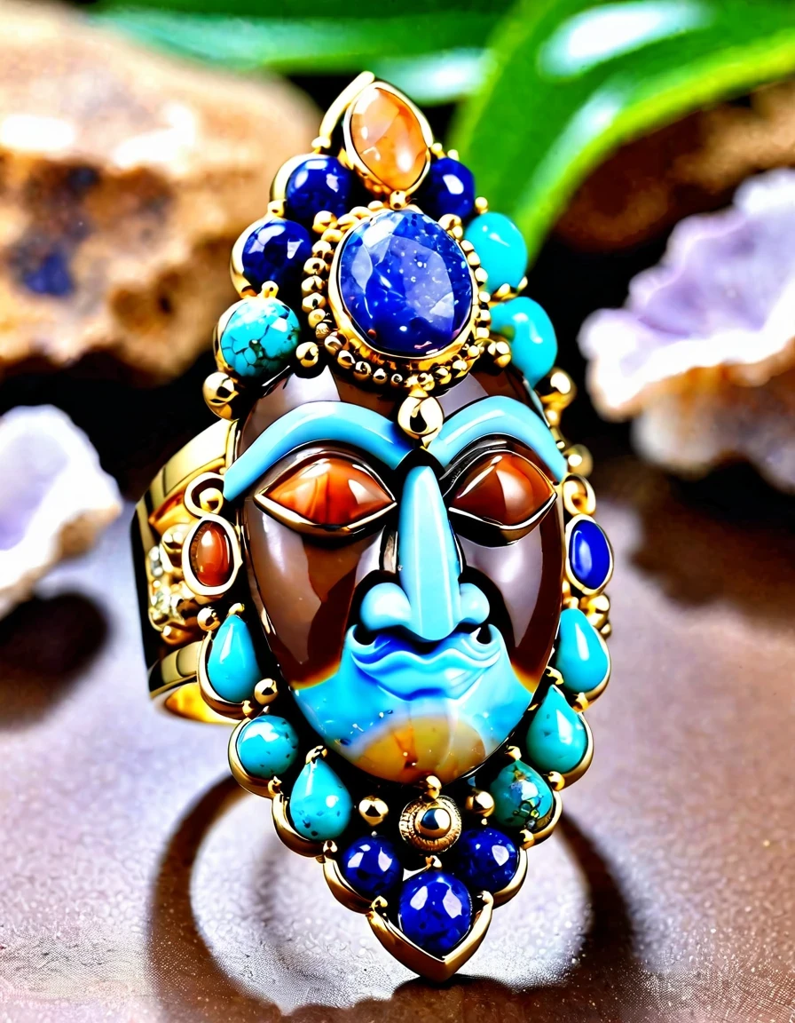 Indian abstract cartoon rain god image ring design，The main stone is an irregular brown and blue petrified opal，Indian elements，The matching stones are small amounts of lapis lazuli and turquoise，Clams，bead，gem