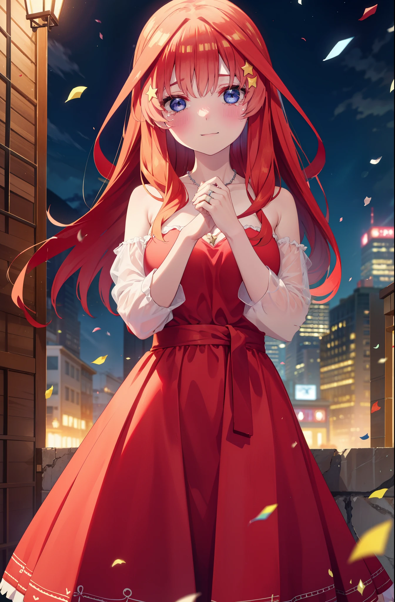 itsukinakano, Itsuki Nakano, bangs, blue eyes, Hair between the eyes, Ahoge, Redhead, star \(symbol\), hair ornaments, tiara,star hair ornaments,smile,blush,Red dress,Long skirt,Red Pin Heel,No sleeve,Expose your shoulders,Bare arms,Bare neck,bare clavicle,He is wearing a wedding ring on his left ring finger,Heart Necklace,Tears stream down her face,Tears of joy,I cry a lot,holding a large bouquet of flowers in each hand,Confetti,Romantic night view,moonlight,
break outdoors, hill,
break looking at viewer, (Cowboy Shot:1.5),
break (masterpiece:1.2), highest quality, High resolution, unity 8k wallpaper, (shape:0.8), (Beautiful details:1.6), Highly detailed face, Perfect lighting, Highly detailed CG, (Perfect hands, Perfect Anatomy),