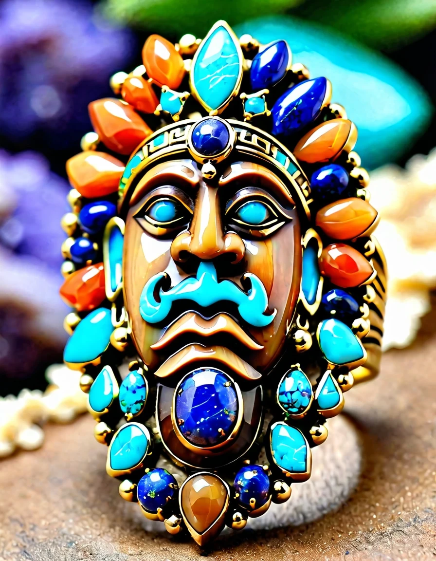 Indian abstract cartoon rain god image ring design，The main stone is an irregular brown and blue petrified opal，Indian elements，The matching stones are small amounts of lapis lazuli and turquoise，Clams，bead，gem