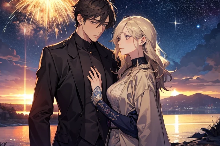 (masterpiece), (5K), (best quality), 2d Couple, ((a young gray hair couple)), ((a gray hair woman , sharp eyes, slit_ pupils, pale eyes, small boobs, red dress)), brown eyes, ultra well detailed eyes, ((a gray hair guy, white royal clothes)), holding fireworks