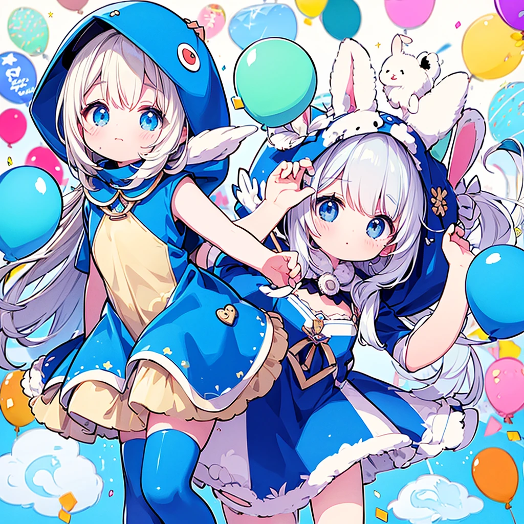 highest quality、masterpiece、Official Art、16K、Super fine、Super beautiful、Ultra-fine、small、cute、Fly in the blue sky with lots of balloons、A blue costume with a hood and rabbit ears、A soft and gentle world of pastel colors、anime