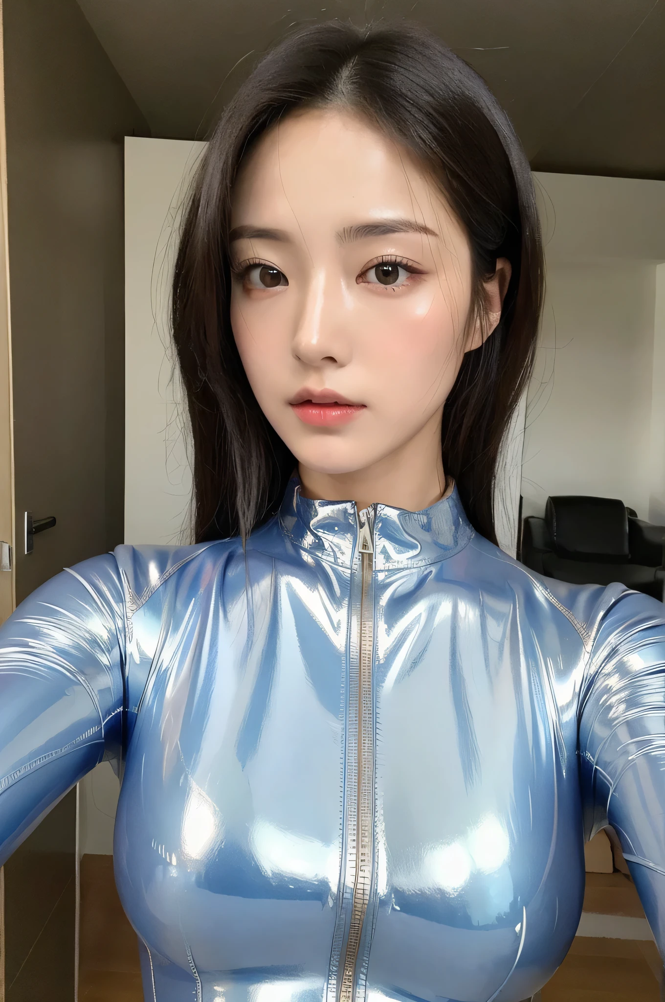 (highest quality, 8k, masterpiece: 1.3)), One girl, The beauty of slim abs, Very beautiful face, Delicate eyes, double eyelid, Latex suit, Big Breasts, Queen, Bondage, Oiled clothes, Shiny skin, Glowing Face, Covered in a rubber suit, Sexy rubber suit, Oily skin, Oily gloss, perfect body, Cool Beauty, Ultra-realistic, Realistic, sexy, Horikita Maki, Japanese, Beauty, Well-formed face, Glossy face, Shiny Costumes, Hyperrealistic, Looking down from above, My chest was exposed, Tight fit, wearing tight suits