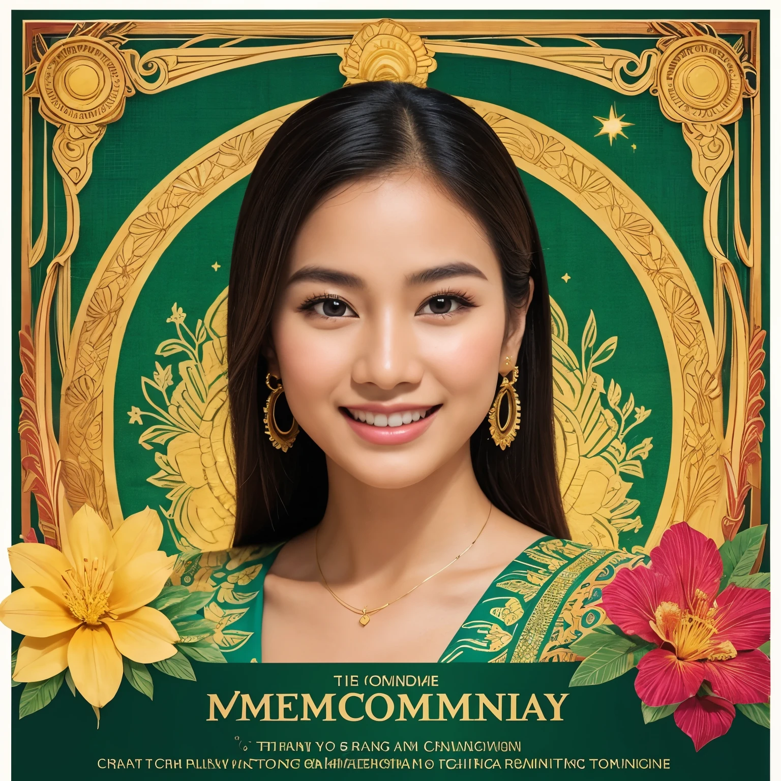 Create an elegant welcome poster for the chairman of the committee.

The poster features a stunning Indonesian woman donning traditional attire, her skin a radiant golden hue under the warm sun. Her welcoming smile is inviting and full of grace, her eyes sparkling with excitement. The delicate details of her batik fabric shimmer in the light, its intricate patterns an intriguing symbol of Indonesian culture. The committee's logo and the date of the event are elegantly written in the bottom corner, framing the image perfectly. The background is a beautiful blend of lush green vegetation and vibrant colors, setting the tone for a memorable and cultural experience.