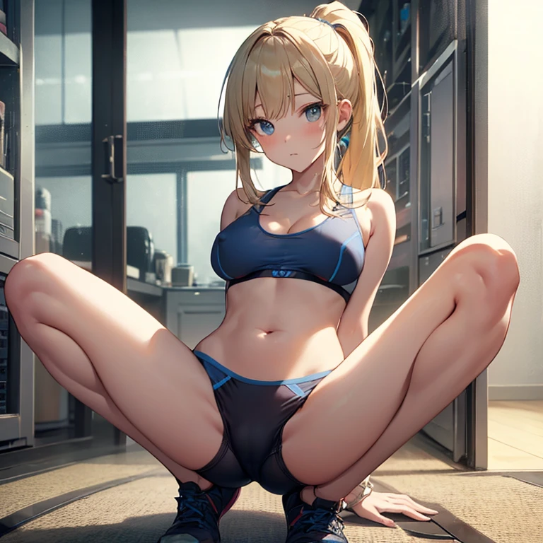 ponytail、Blonde、Nipples、tits、Athletics、Sports Bra、stockings、Open your legs while crouching、Perfect body