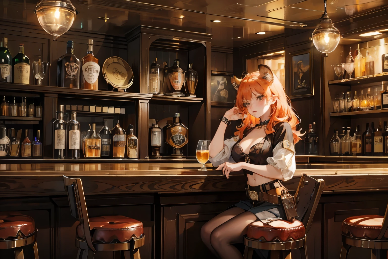 tiger beastman\(cowgirl,cowboy_have,belt_buckle,big bust,gun holder,gun,bullet belt,western police badge on chest,holding a glass of whiskey,\),background\(western bar,bourbon,bourbon shining grass),,quality\(8K,very detailed CG 유닛의 wallpaper, masterpiece,highest resolution,top-quality,top-quality real texture skin,surreal,Increase resolution,RAW photos,최고의 quality,very detailed,wallpaper,movie lights,ray tracing,golden ratio\),red hair, Employee