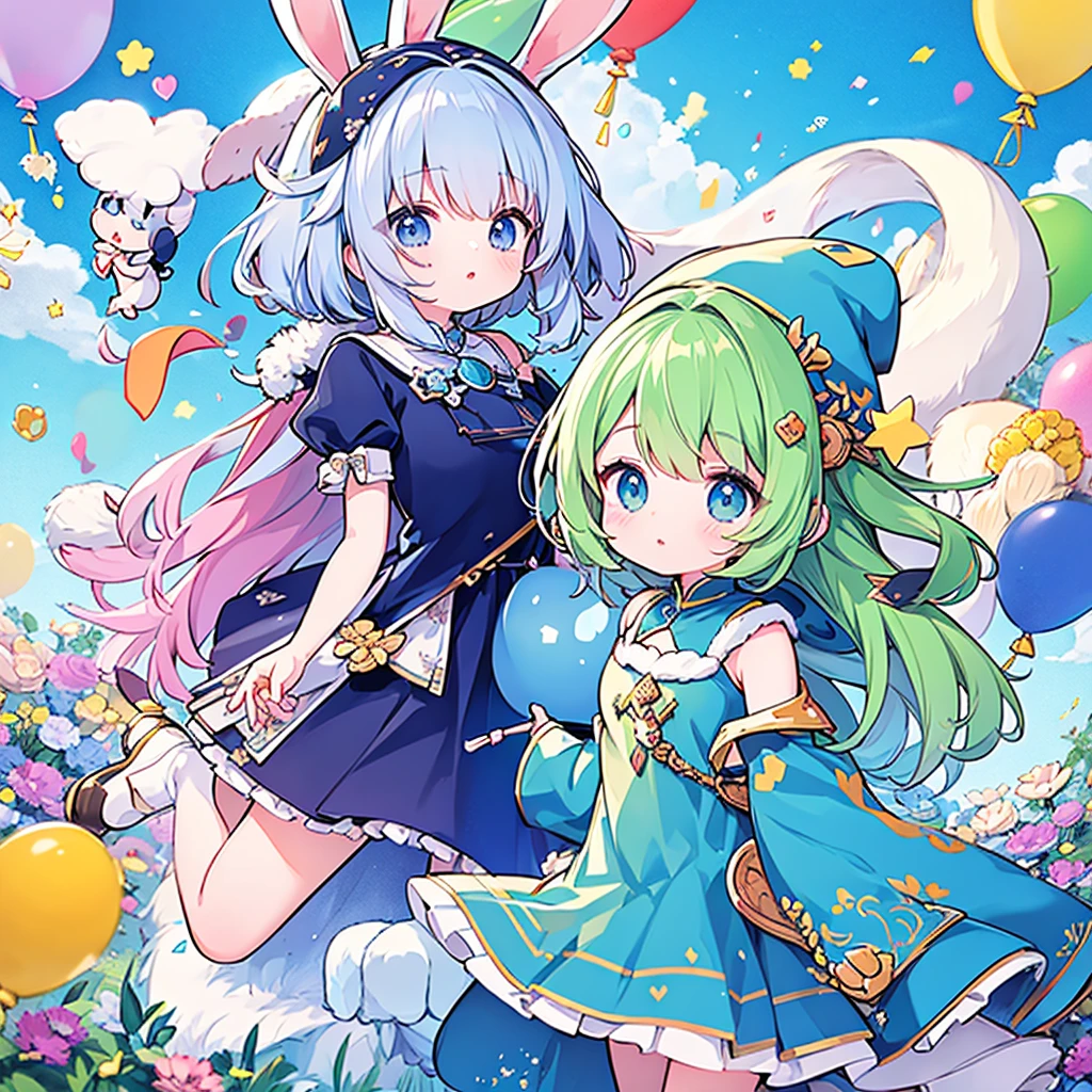 highest quality、masterpiece、Official Art、16K、Ultra-fine、extremely beautiful、Ultra-fine、small、cute、Flying in the blue sky with 10 balloons、Blue outfit with hood and rabbit ears、A soft and gentle world of pastel colors、anime