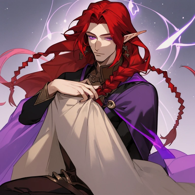 Half elf, a man. With long red hair,purple eyes and pretty face yet handsome. A magician. He was lonely. More detailed,he braided his hair and had an earings at one of his ear. He was a bottom. So he is a beautiful man.