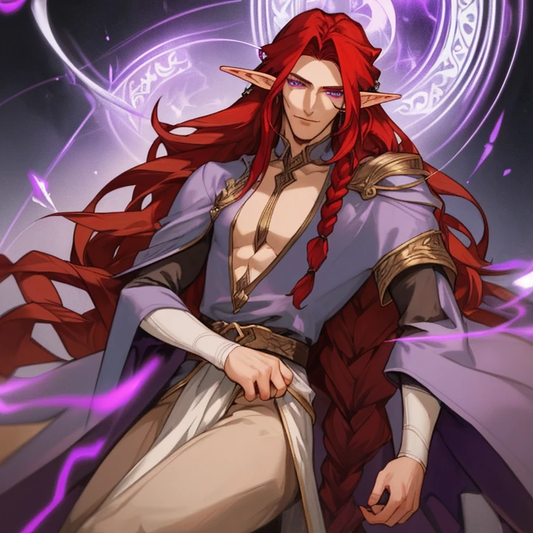 Half elf, a man. With long red hair,purple eyes and pretty face yet handsome. A magician. He was lonely. More detailed,he braided his hair and had an earings at one of his ear. He was a bottom. So he is a beautiful man.