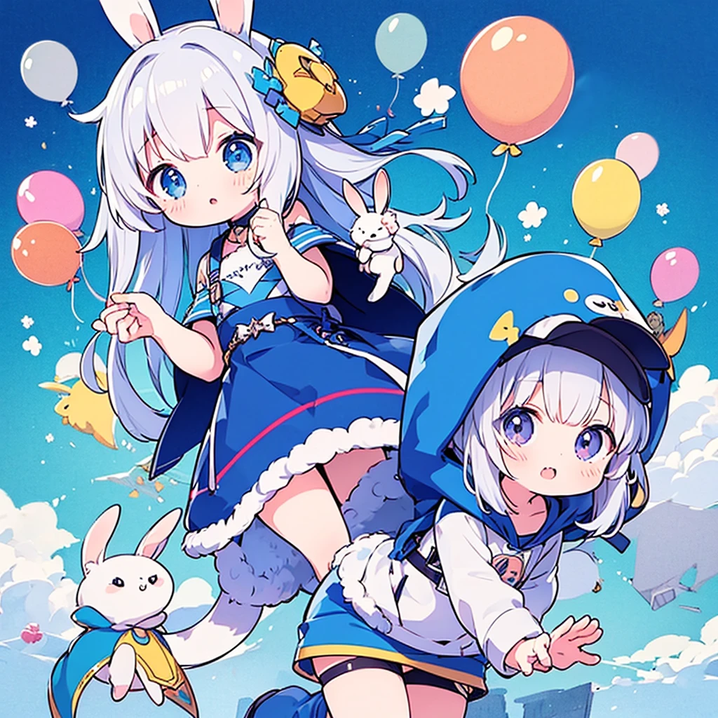 Little、cute、highest quality、masterpiece、Official Art、16K、Ultra-fine、extremely beautiful、Ultra-fine、small、cute、Flying in the blue sky with 10 balloons、Blue outfit with hood and rabbit ears、A soft and gentle world of pastel colors、anime