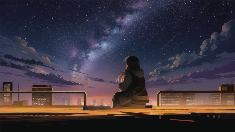 Octane, null, star (null), scenery, starry null, night, One girl, night null, alone, Outdoor, building, cloud, milky way, Sitting, wood, Long Hair, city, silhouette, cityscape