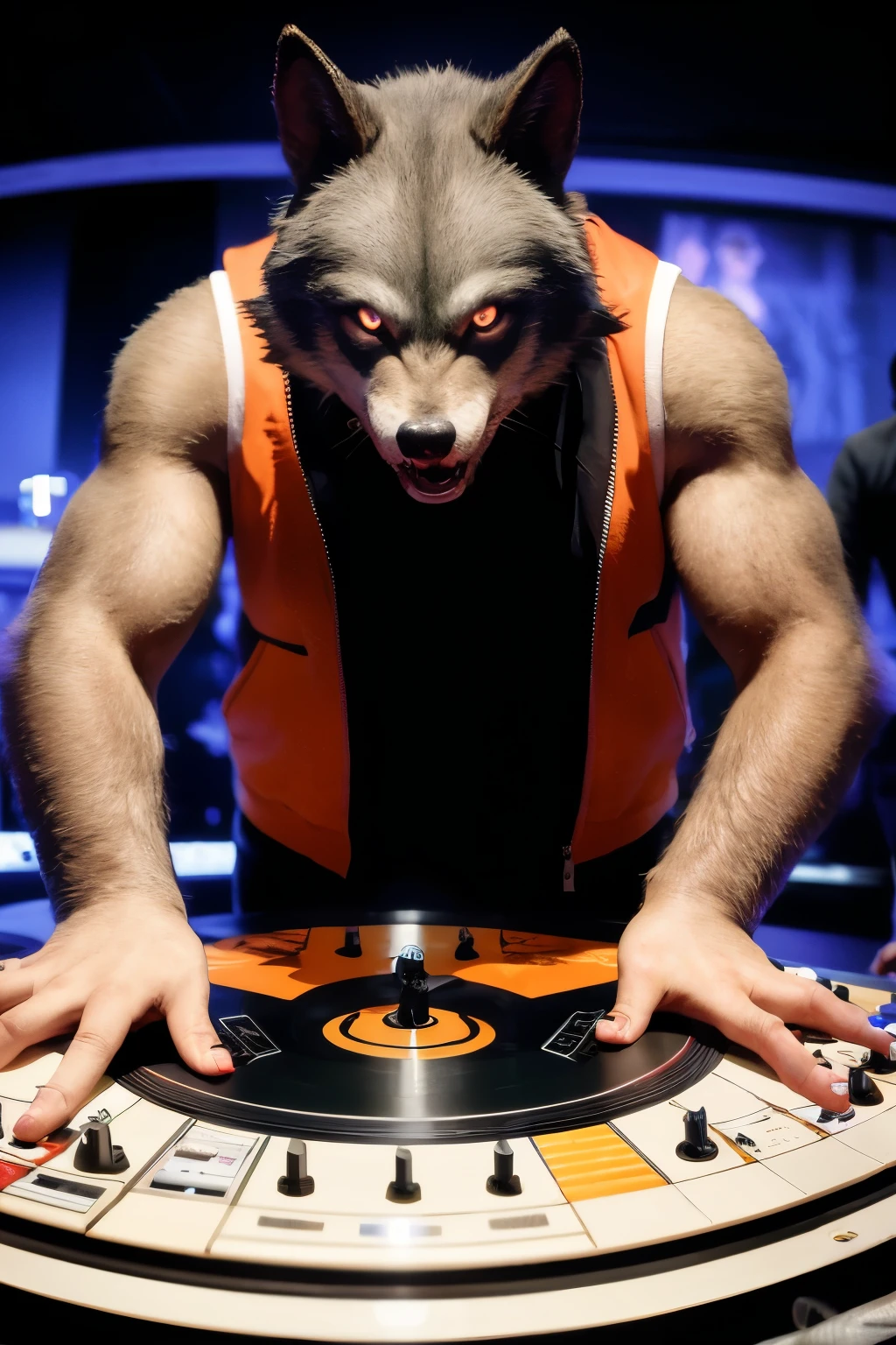 werewolf with a varsity jacket dark bleue orange nba , mixing on two turntables, in night club