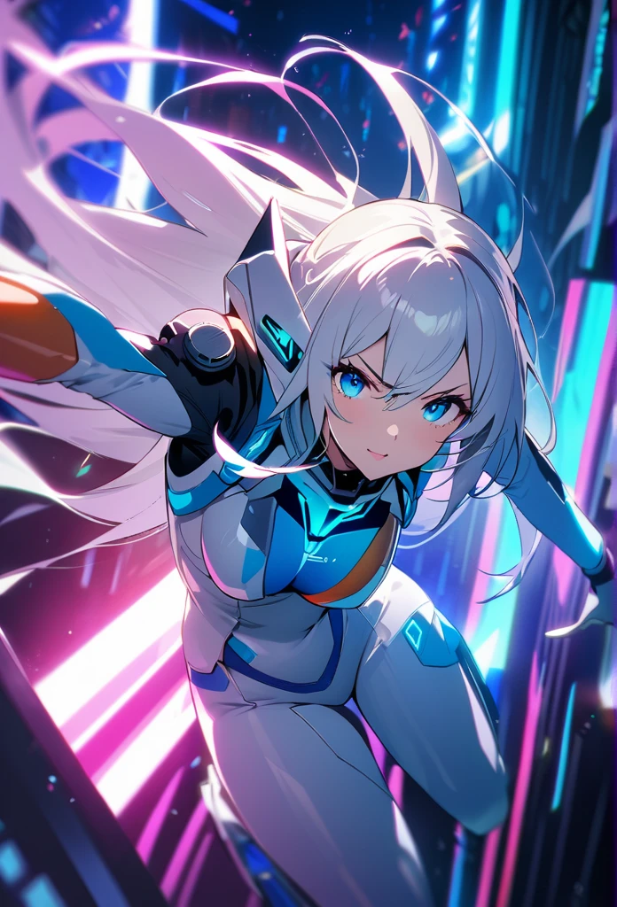 High quality, high definition images, full HD、
8k.1 girl( white long hair),Futuristic fighter pilot,blue and white pilot suit,blue eyes,Colorful neon lights on the suit,dynamic pose