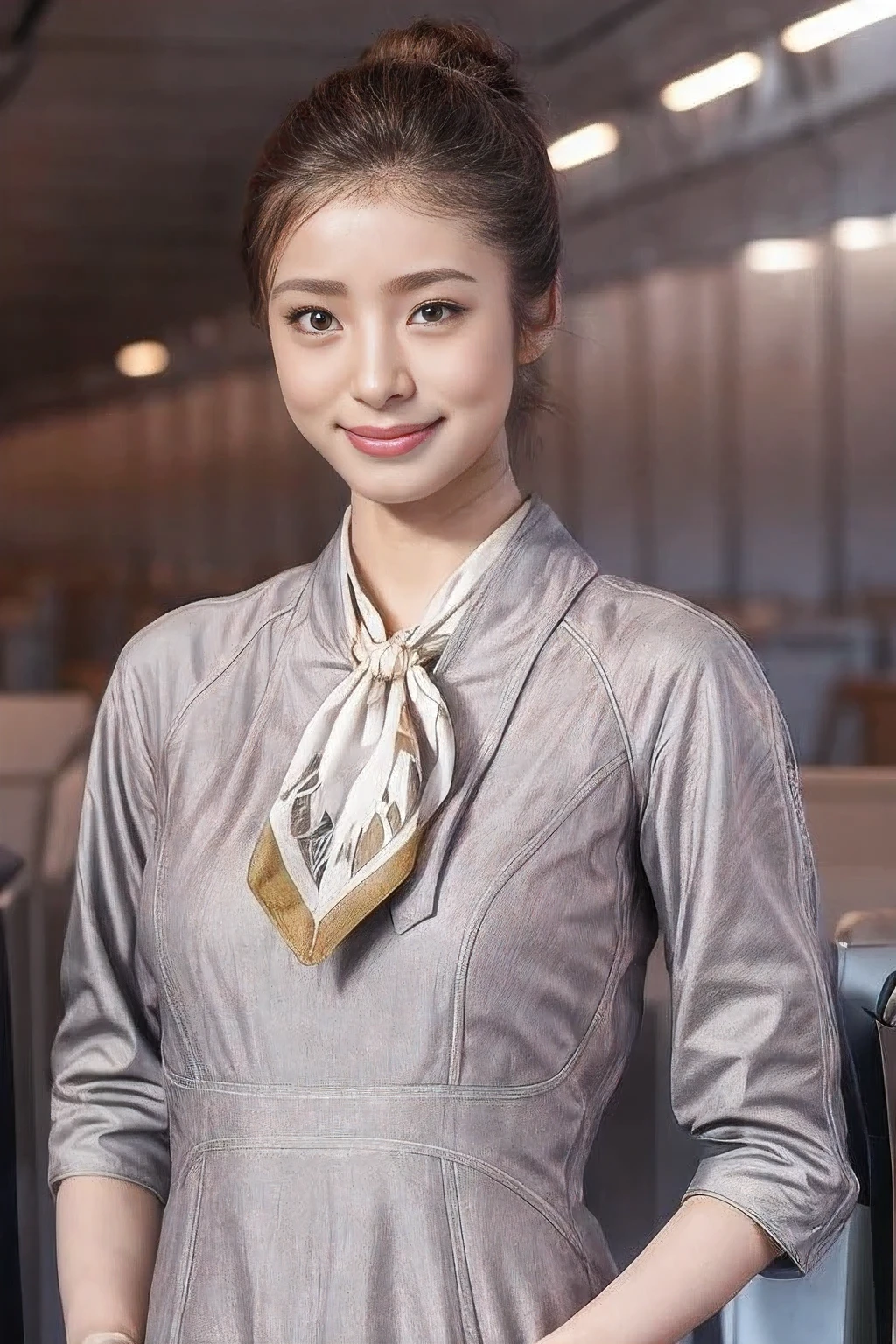 (masterpiece:1.2、highest quality:1.2)、32K HDR、High resolution、(alone、1 girl、Slim figure)、(Realistic style with Starlux Airlines uniform)、 (In the airport lounge, Professional Lighting)、(Starlux Airlines silver uniform:1.4)、(Starlux Airlines silver uniform with short sleeves)、(scarf on chest)、Big Breasts、(Long hair updo、Long hair tied back in a chignon)、Dark brown hair、Long Shot、((Fine hand:2.0))、((Harmonious body proportions:1.5))、((Normal limbs:2.0))、((Normal finger:2.0))、((Delicate eyes:2.0))、((Normal eyes:2.0)))、Beautiful standing posture