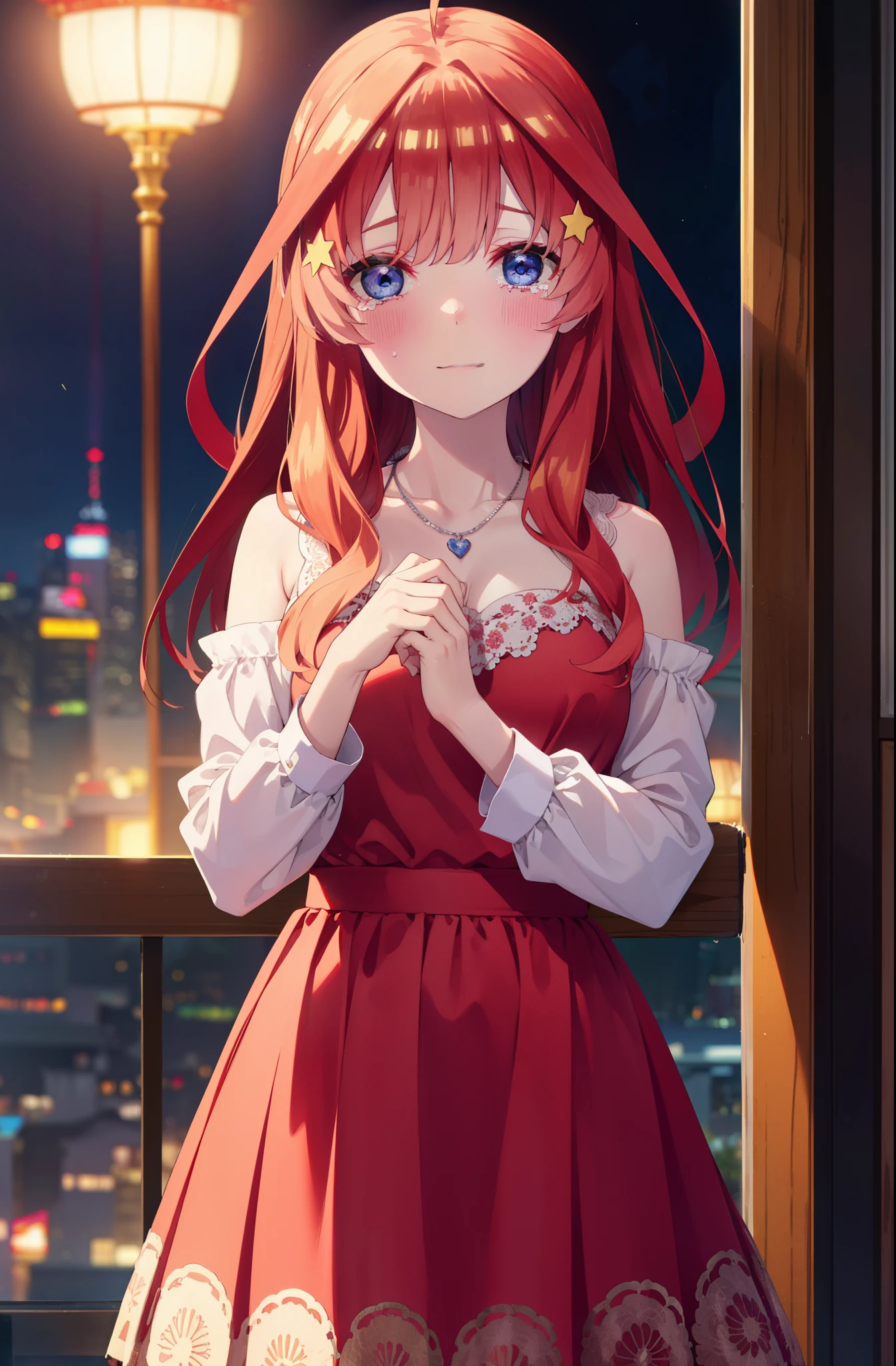 itsukinakano, Itsuki Nakano, bangs, blue eyes, Hair between the eyes, Ahoge, Redhead, star \(symbol\), hair ornaments, tiara,star hair ornaments,smile,blush,Red dress,Long skirt,Red Pin Heel,No sleeve,Expose your shoulders,Bare arms,Bare neck,bare clavicle,He is wearing a wedding ring on his left ring finger,Heart Necklace,Tears stream down her face,Tears of joy,I cry a lot,Paper romantic night view,moonlight,
break outdoors, hill,
break looking at viewer, (Cowboy Shot:1.5),
break (masterpiece:1.2), highest quality, High resolution, unity 8k wallpaper, (shape:0.8), (Beautiful details:1.6), Highly detailed face, Perfect lighting, Highly detailed CG, (Perfect hands, Perfect Anatomy),