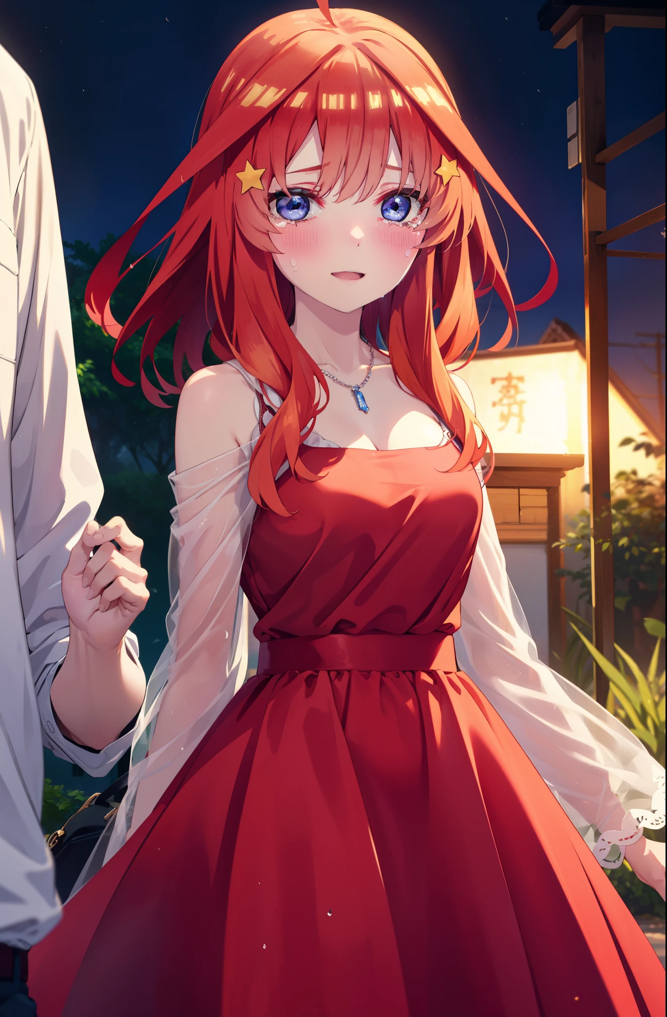 itsukinakano, Itsuki Nakano, bangs, blue eyes, Hair between the eyes, Ahoge, Redhead, star \(symbol\), hair ornaments, tiara,star hair ornaments,smile,blush,Red dress,Long skirt,Red Pin Heel,No sleeve,Expose your shoulders,Bare arms,Bare neck,bare clavicle,He is wearing a wedding ring on his left ring finger,Heart Necklace,Tears stream down her face,Tears of joy,I cry a lot,Paper romantic night view,moonlight,
break outdoors, hill,
break looking at viewer, (Cowboy Shot:1.5),
break (masterpiece:1.2), highest quality, High resolution, unity 8k wallpaper, (shape:0.8), (Beautiful details:1.6), Highly detailed face, Perfect lighting, Highly detailed CG, (Perfect hands, Perfect Anatomy),