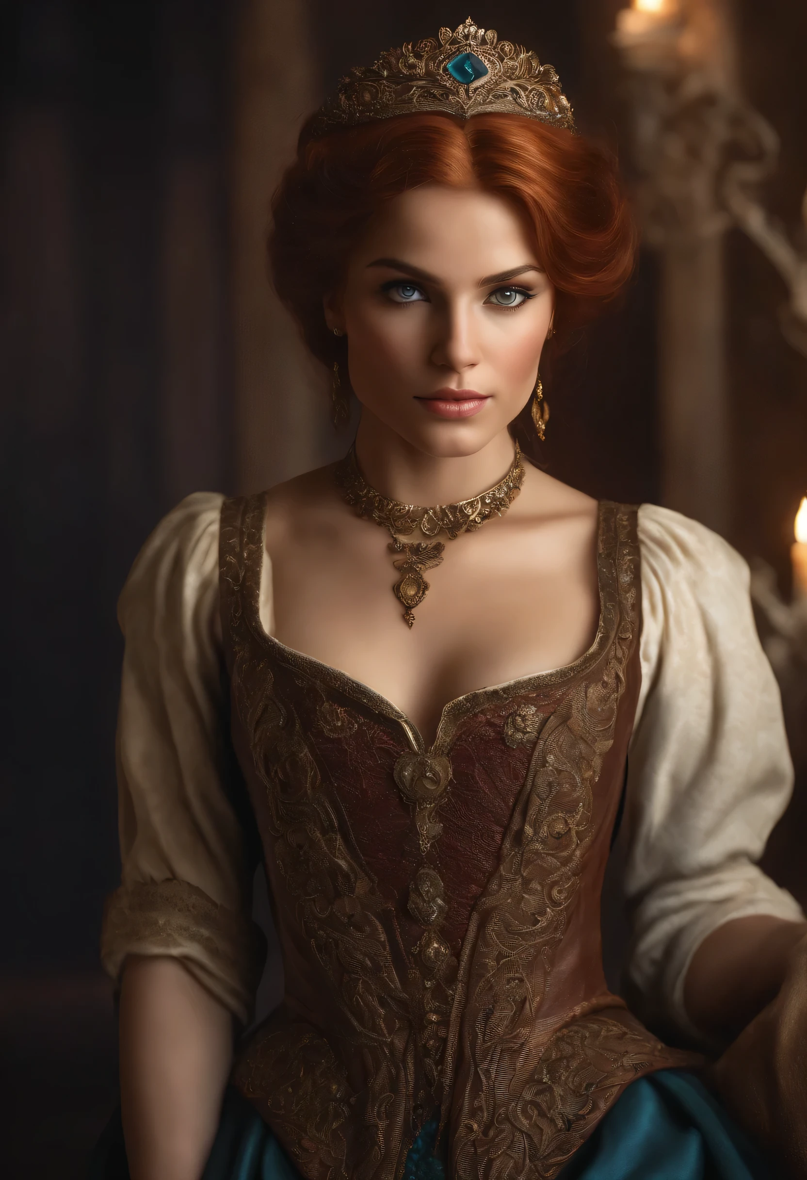 (realistic oil art, Imagen hasta la cintura, Princesa de 20 anos, British, ojos negros, Aspecto vibrante, pelirrojo, cabello corto), ezio auditor tunic, encapuchado, para eso, Brown, Detalles rojos, ornamento, pecas de 10% from the cheekbone, cara perfecta, critical chamber, fondo borroso, luz calida, more details on clothes, sobras fuertes, pose misteriosa