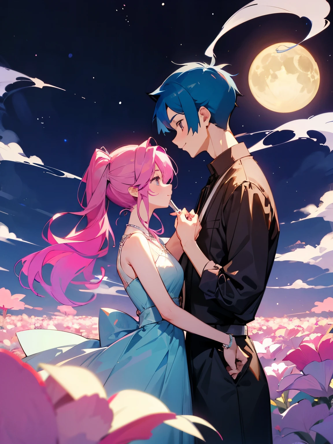 cartoon of a boy and a girl standing close together, ddlc, in the art style of 8 0 s anime, 9 0 s anime style, 90s anime style, in anime style, in an anime style, anime aesthetic, anime vibes, 9 0 s anime aesthetic, 9 0 s anime art style, lofi boy and girl, beautiful background outside, background at night with stars and a moon, fairy lights, beautiful background in a floral garden with fairy lights at night, a cute boy and a cute girl, beautiful faces, a boy and a girl, don't extra hands, NO extra hands, generate a boy and a girl with NO extra hands, NO extra arm, the boy has a short hairstyle and the girl has a long hairstyle, the boy has blue hair, the girl has pink hair, pretty faces, cute pretty boy in a smoking dress, cute pretty girl in a beautiful dress, with amazing smile, boy has a pretty smile, girl has a cute smile 