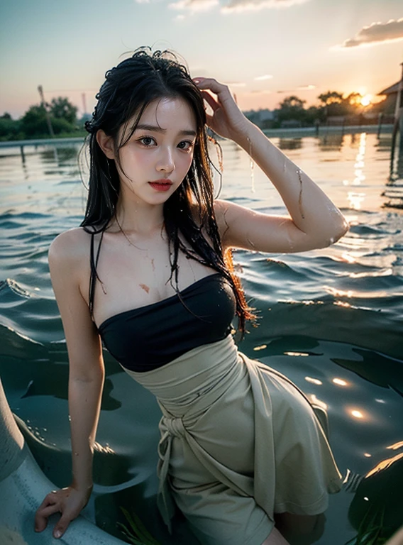 Masterpiece, Best Quality, (Best illustration), (Best Shade) Cute girl in the sea throws her head back, wet hair, (waist deep in water:1.5), sunset, long loose hair, splashes, drops,