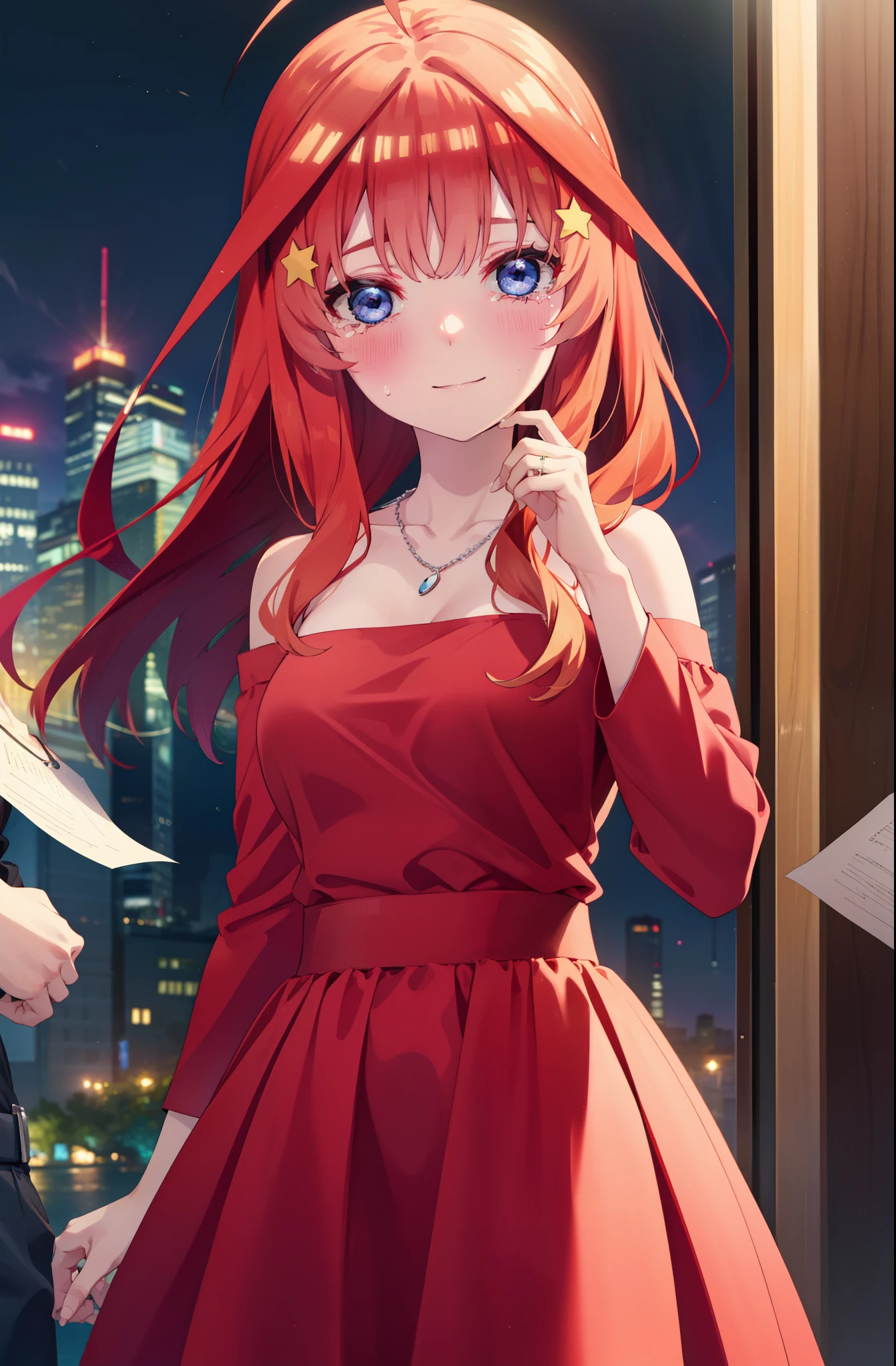 itsukinakano, Itsuki Nakano, bangs, blue eyes, Hair between the eyes, Ahoge, Redhead, star \(symbol\), hair ornaments, tiara,star hair ornaments,smile,blush,Red dress,Long skirt,Red Pin Heel,No sleeve,Expose your shoulders,Bare arms,Bare neck,bare clavicle,He is wearing a wedding ring on his left ring finger,Heart Necklace,Tears stream down her face,Tears of joy,I cry a lot,Paper romantic night view,moonlight,
break outdoors, hill,
break looking at viewer, (Cowboy Shot:1.5),
break (masterpiece:1.2), highest quality, High resolution, unity 8k wallpaper, (shape:0.8), (Beautiful details:1.6), Highly detailed face, Perfect lighting, Highly detailed CG, (Perfect hands, Perfect Anatomy),